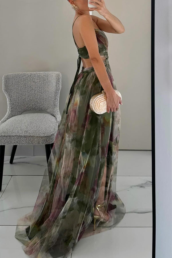 Rosea Elegant Maxikjole med Blondebinding og Print