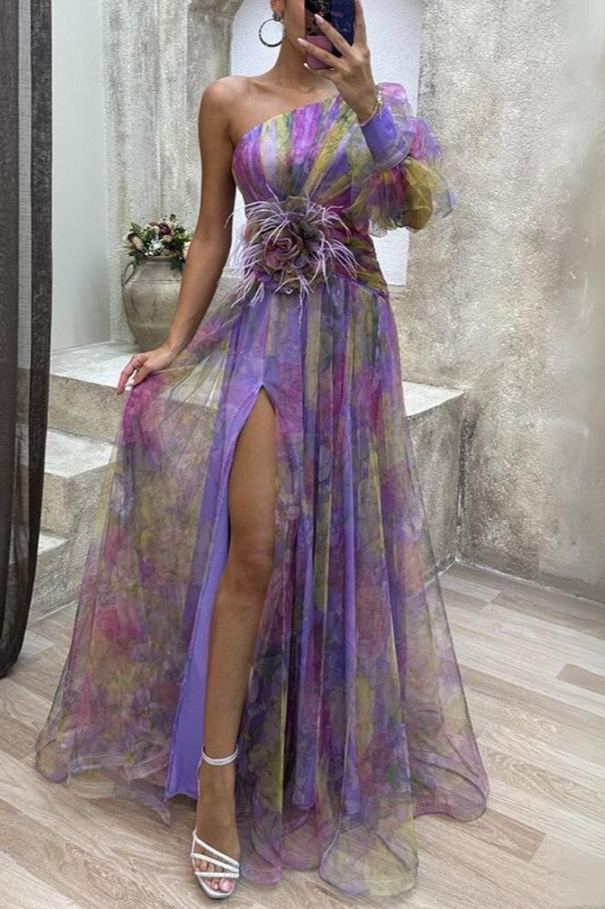 Asymmetrisk maxikjole med blomster Rosea