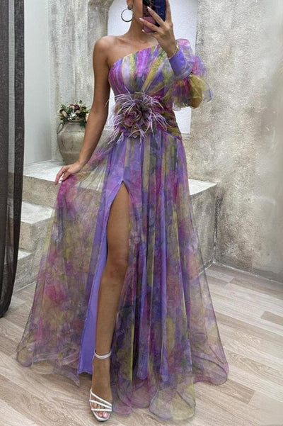 Asymmetrisk maxikjole med blomster Rosea