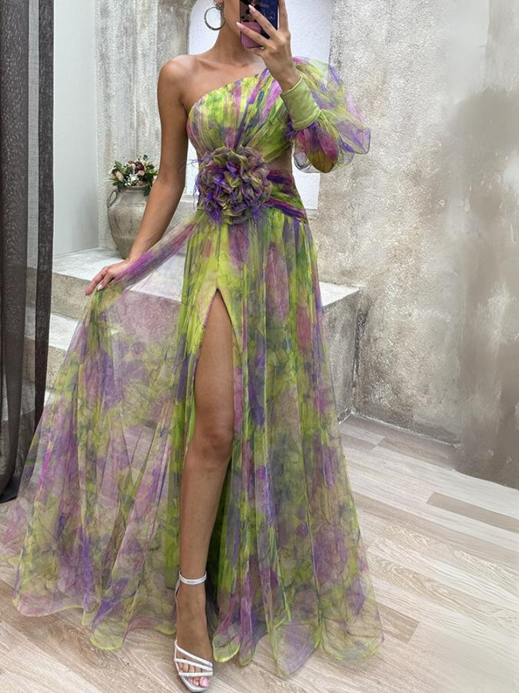 Asymmetrisk maxikjole med blomster Rosea