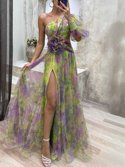 Asymmetrisk maxikjole med blomster Rosea