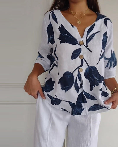 Top i bomuld og hør med blomsterprint