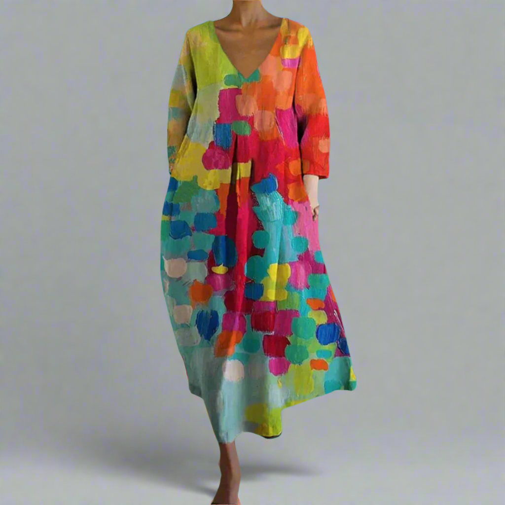 Cheryl | Farverig V-Hals Maxi Kjole - DK