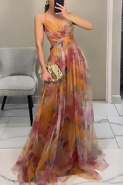 Rosea Elegant Maxikjole med Blondebinding og Print