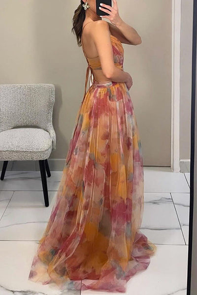 Rosea Elegant Maxikjole med Blondebinding og Print