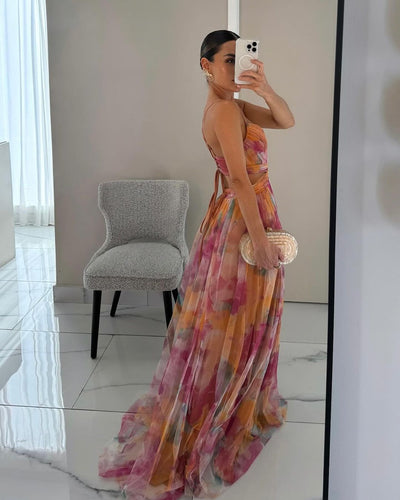 Rosea Elegant Maxikjole med Blondebinding og Print
