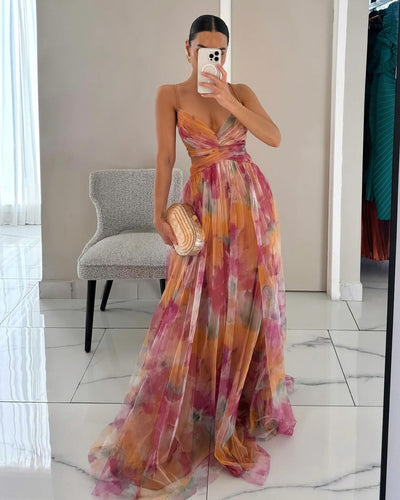 Rosea Elegant Maxikjole med Blondebinding og Print
