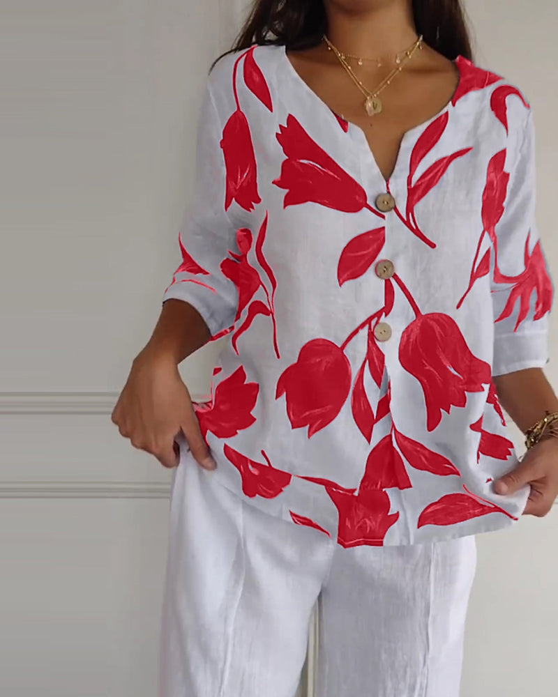 Top i bomuld og hør med blomsterprint