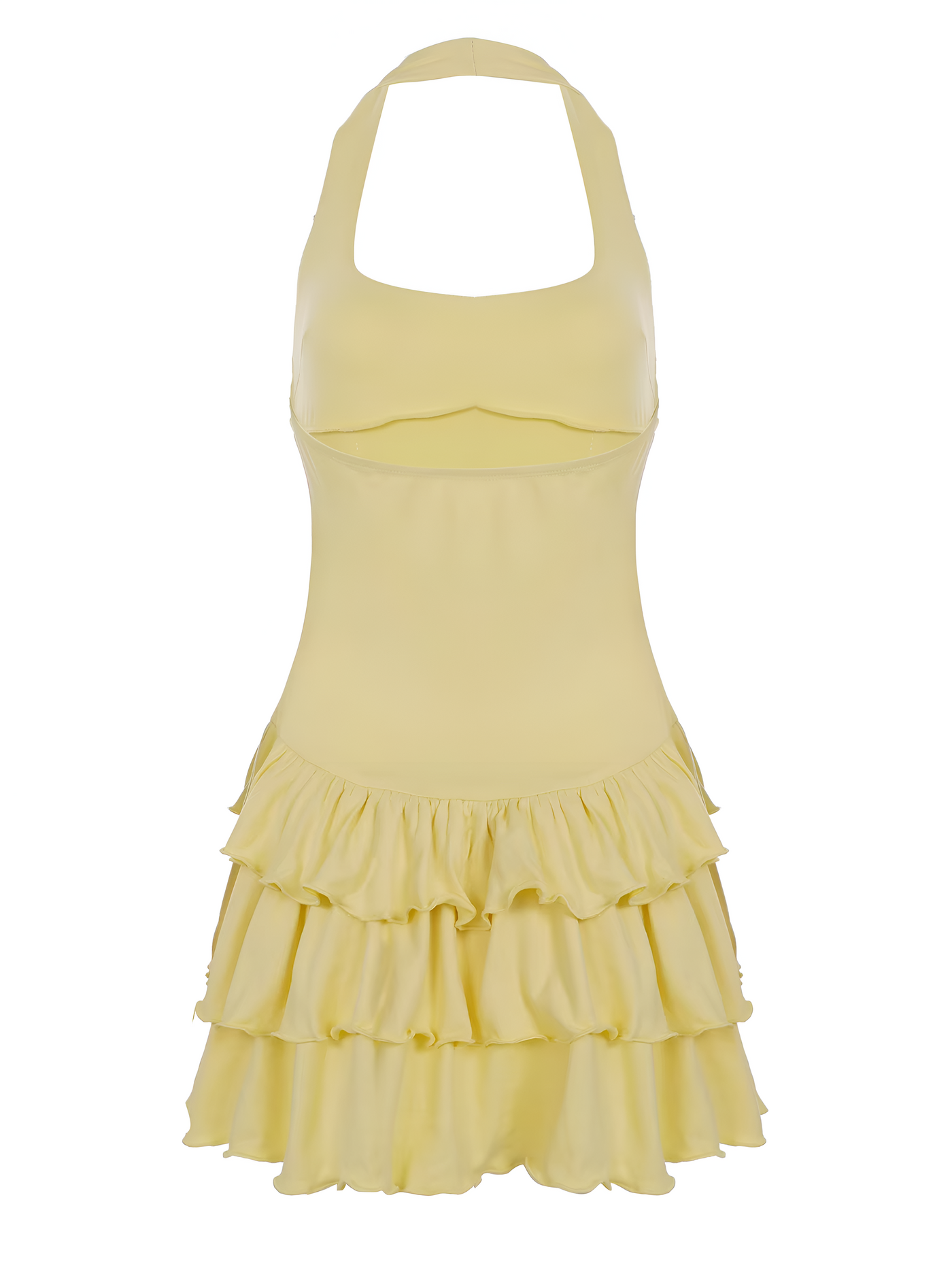 Luna | Flirtende Mini Kjole med Halterneck og Ruffle Nederdel