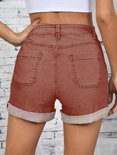 Thelma - Højtaljede Stretch Denim Shorts Med Knap