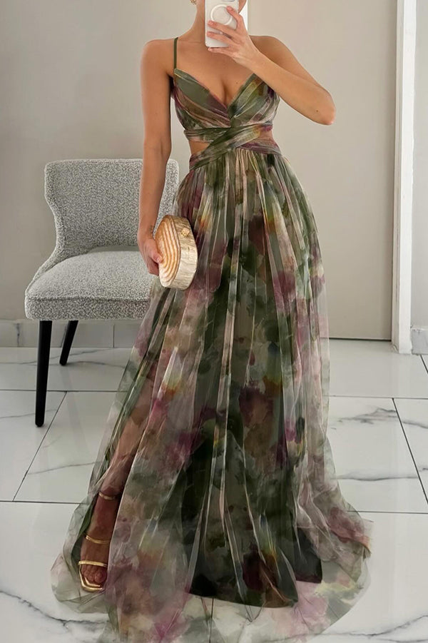 Rosea Elegant Maxikjole med Blondebinding og Print