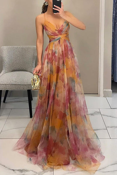 Rosea Elegant Maxikjole med Blondebinding og Print