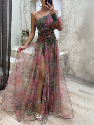 Asymmetrisk maxikjole med blomster Rosea