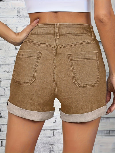 Thelma - Højtaljede Stretch Denim Shorts Med Knap