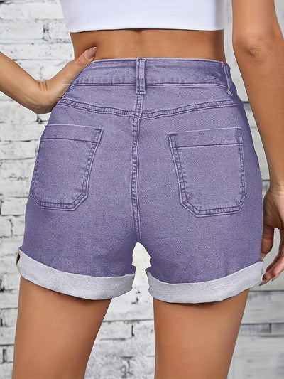Thelma - Højtaljede Stretch Denim Shorts Med Knap