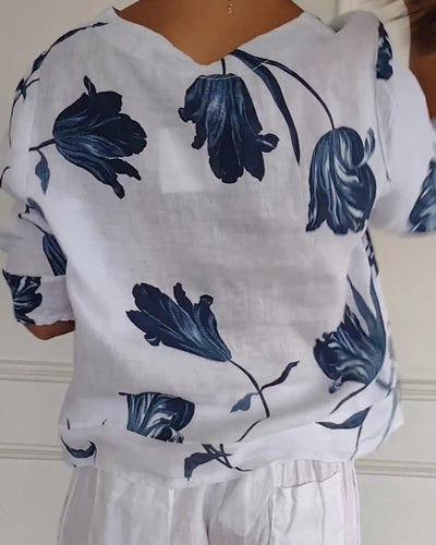 Top i bomuld og hør med blomsterprint