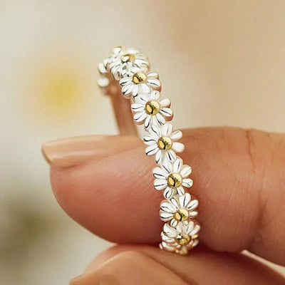 Justerbar Sølv og Håndmalet Emalje Margueritring