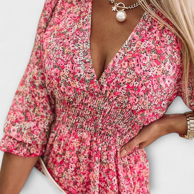 Isabelle | Blomster Midi Kjole med Elegant Flair
