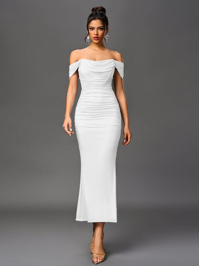 Off-Shoulder Kjole, Rynket & Lynlås Bagpå