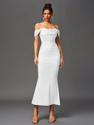 Off-Shoulder Kjole, Rynket & Lynlås Bagpå