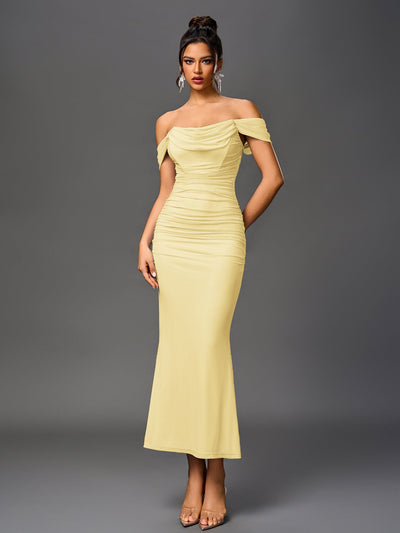 Off-Shoulder Kjole, Rynket & Lynlås Bagpå