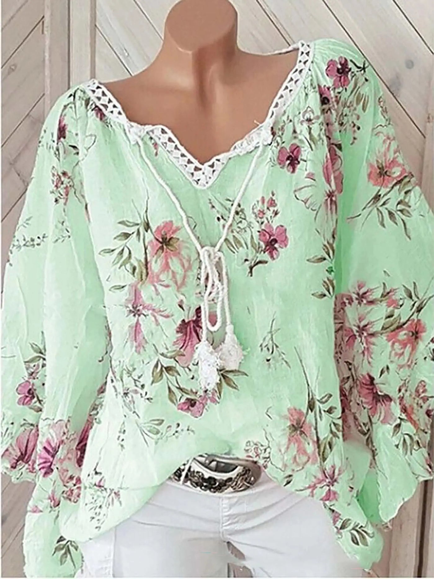 Blomsterprint Hørbluse med Snørelukning | Olsen & Olsen™