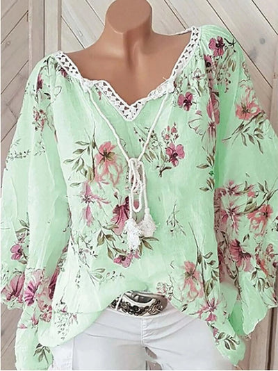 Blomsterprint Hørbluse med Snørelukning | Olsen & Olsen™