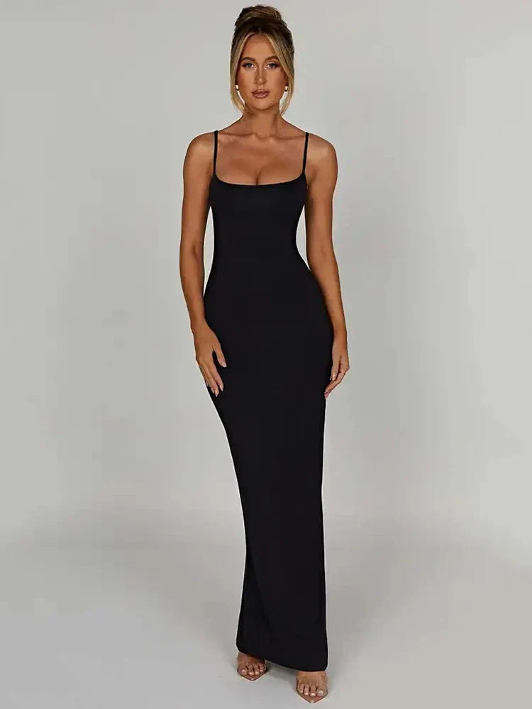 Rosa maxi bodycon kjole med tynde stropper, uden ryg