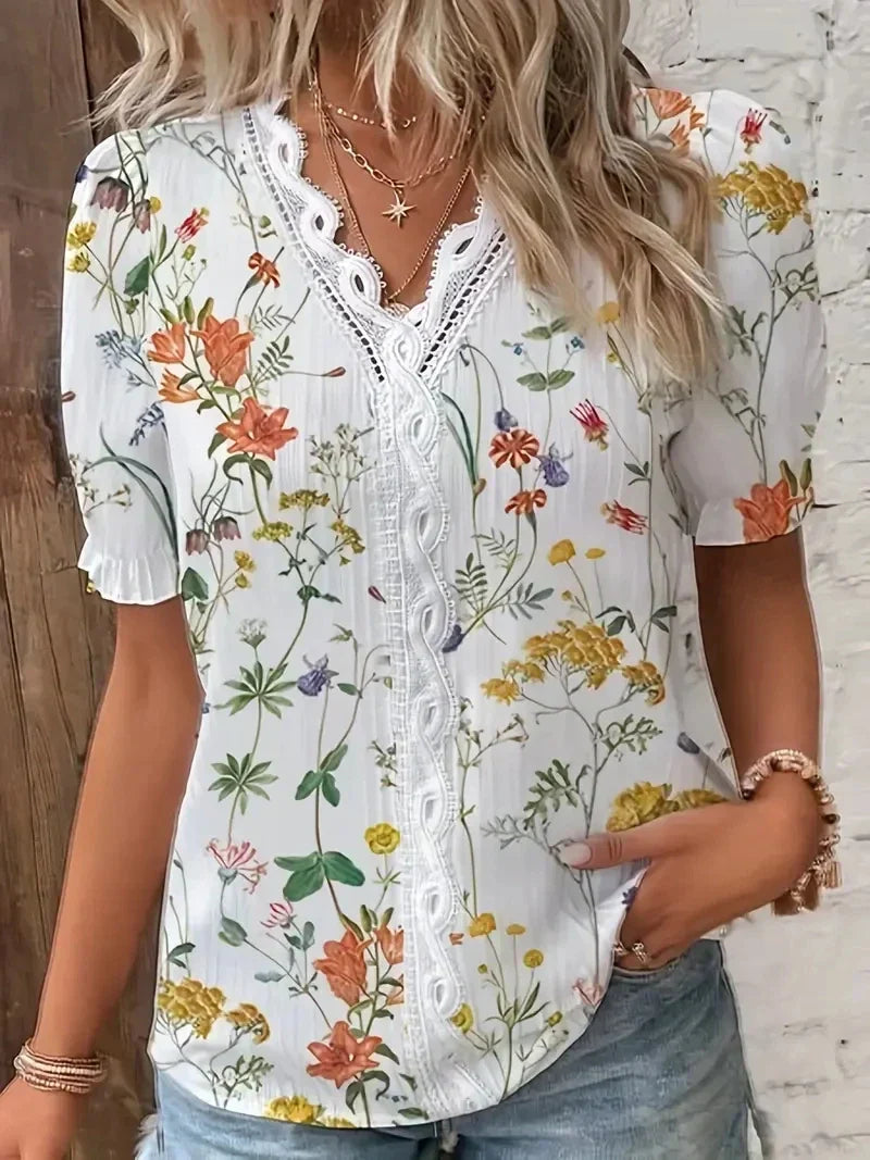 Blomster Blonde V-Hals Bluse | Olsen & Olsen™ - DK