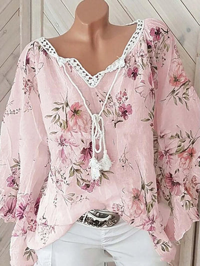 Blomsterprint Hørbluse med Snørelukning | Olsen & Olsen™