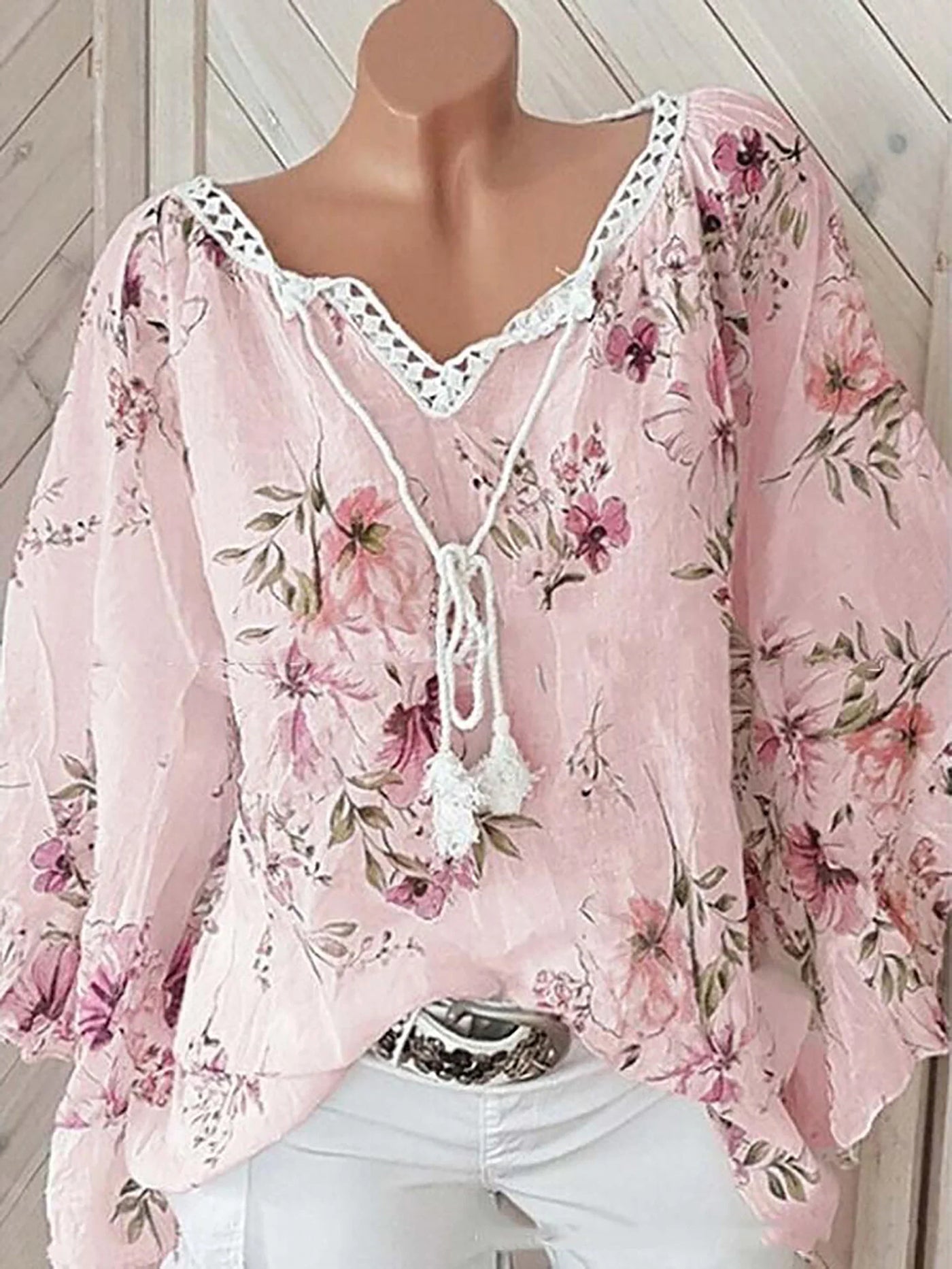 Blomsterprint Hørbluse med Snørelukning | Olsen & Olsen™