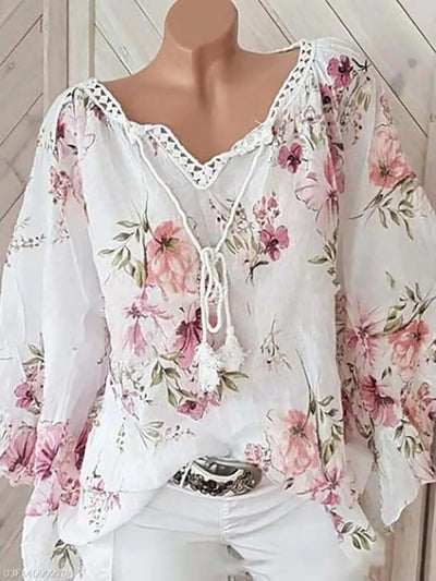 Blomsterprint Hørbluse med Snørelukning | Olsen & Olsen™