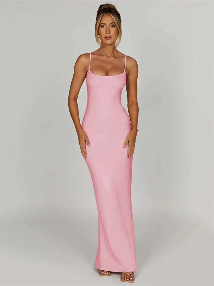Rosa maxi bodycon kjole med tynde stropper, uden ryg