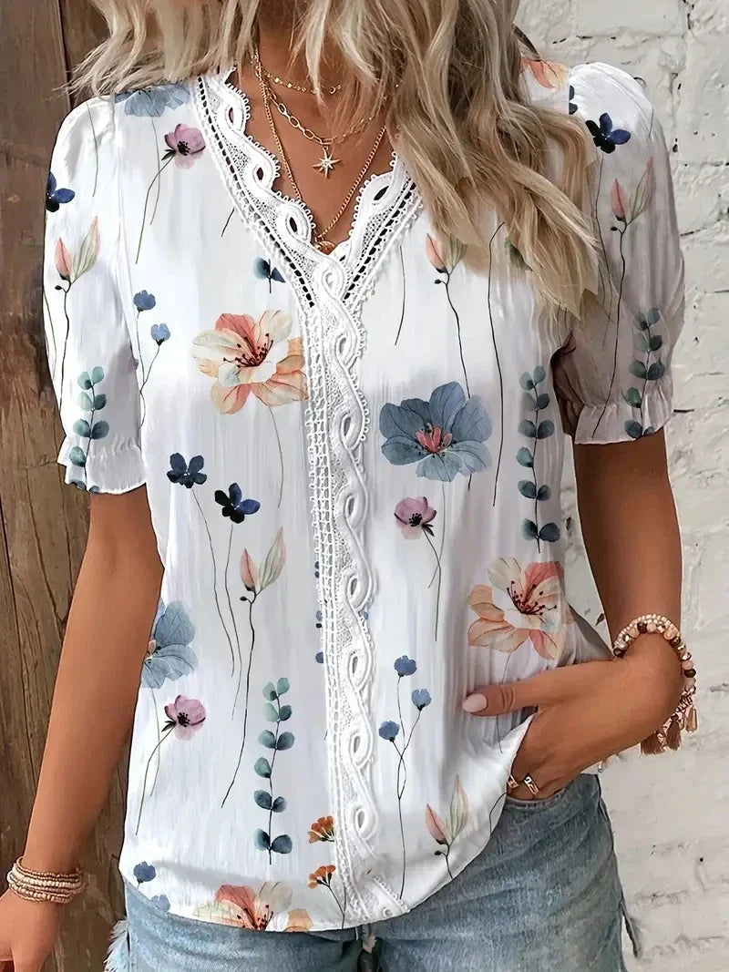 Blomster Blonde V-Hals Bluse | Olsen & Olsen™ - DK