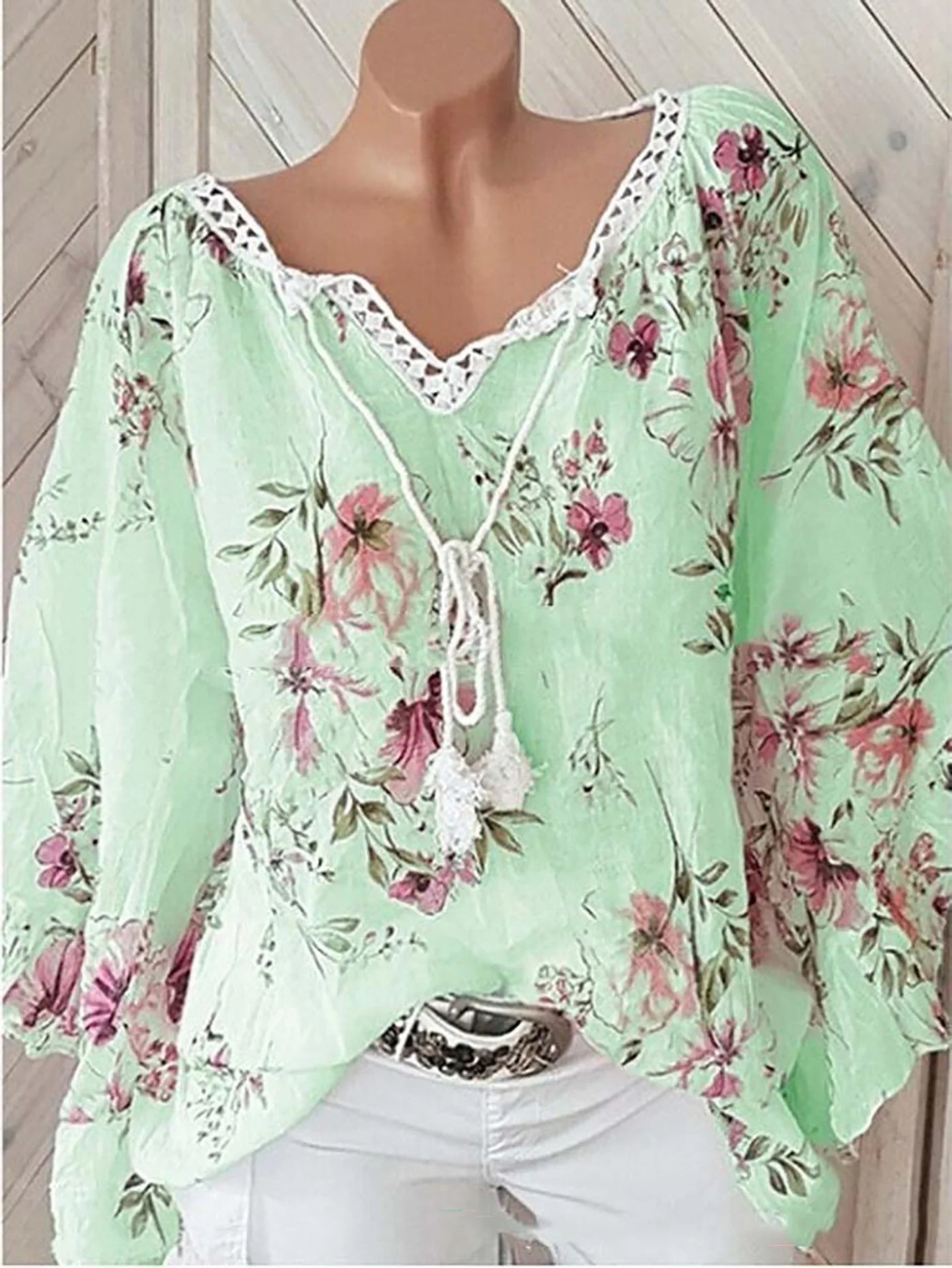 Blomsterprint Hørbluse med Snørelukning | Olsen & Olsen™