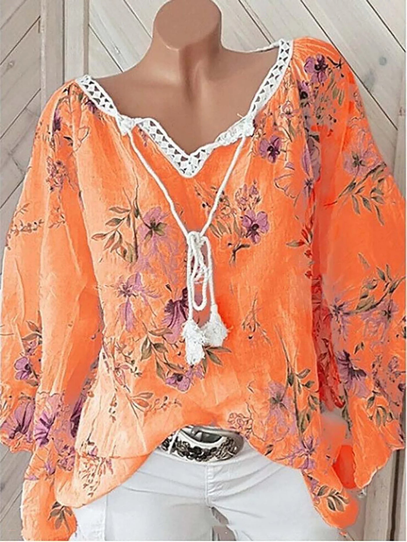 Blomsterprint Hørbluse med Snørelukning | Olsen & Olsen™