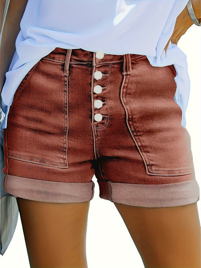 Thelma - Højtaljede Stretch Denim Shorts Med Knap