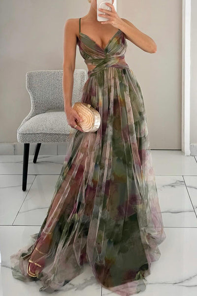 Rosea Elegant Maxikjole med Blondebinding og Print