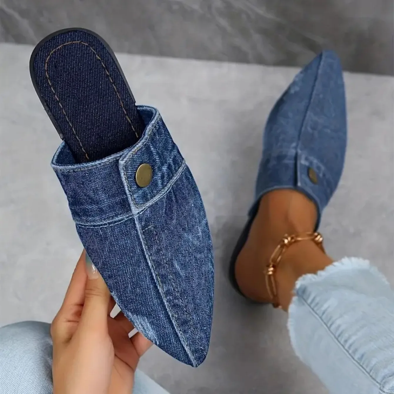Chik Denim Sandaler med Knapper