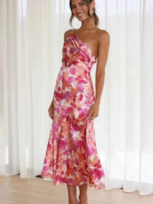 Asymmetrisk midi-kjole med blomster Rosea