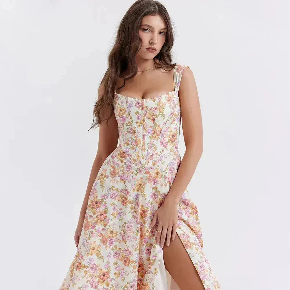 Rosa blomster midi kjole med korset