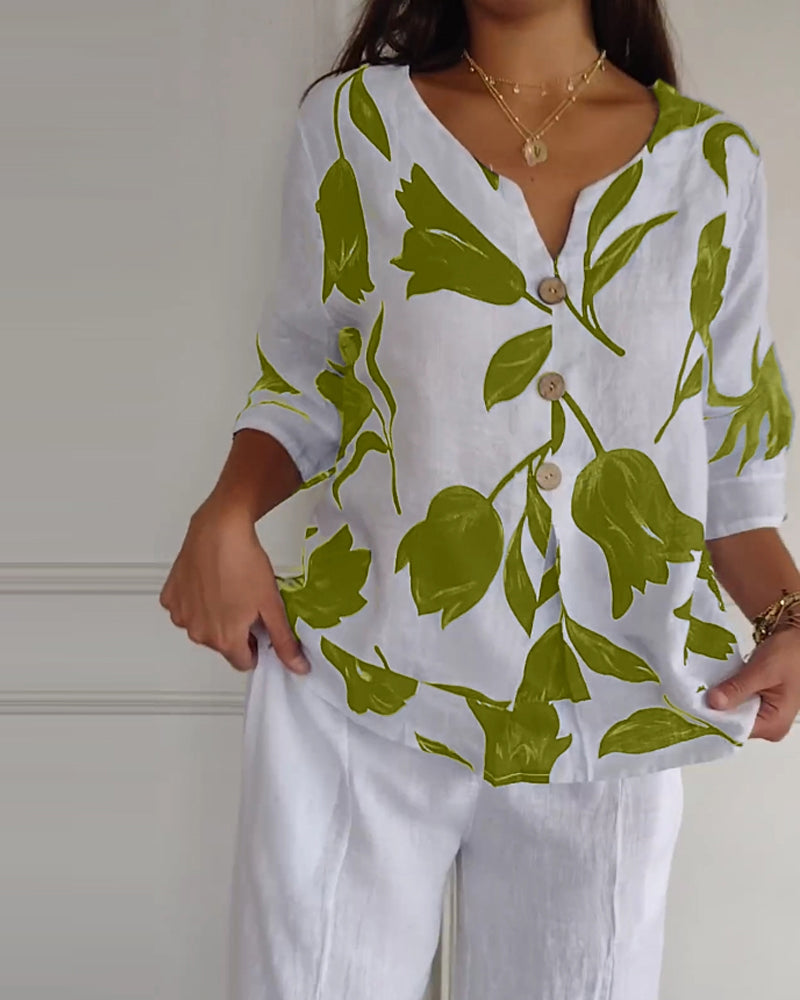 Top i bomuld og hør med blomsterprint