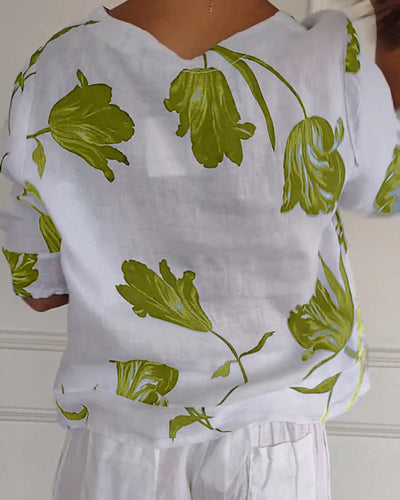 Top i bomuld og hør med blomsterprint