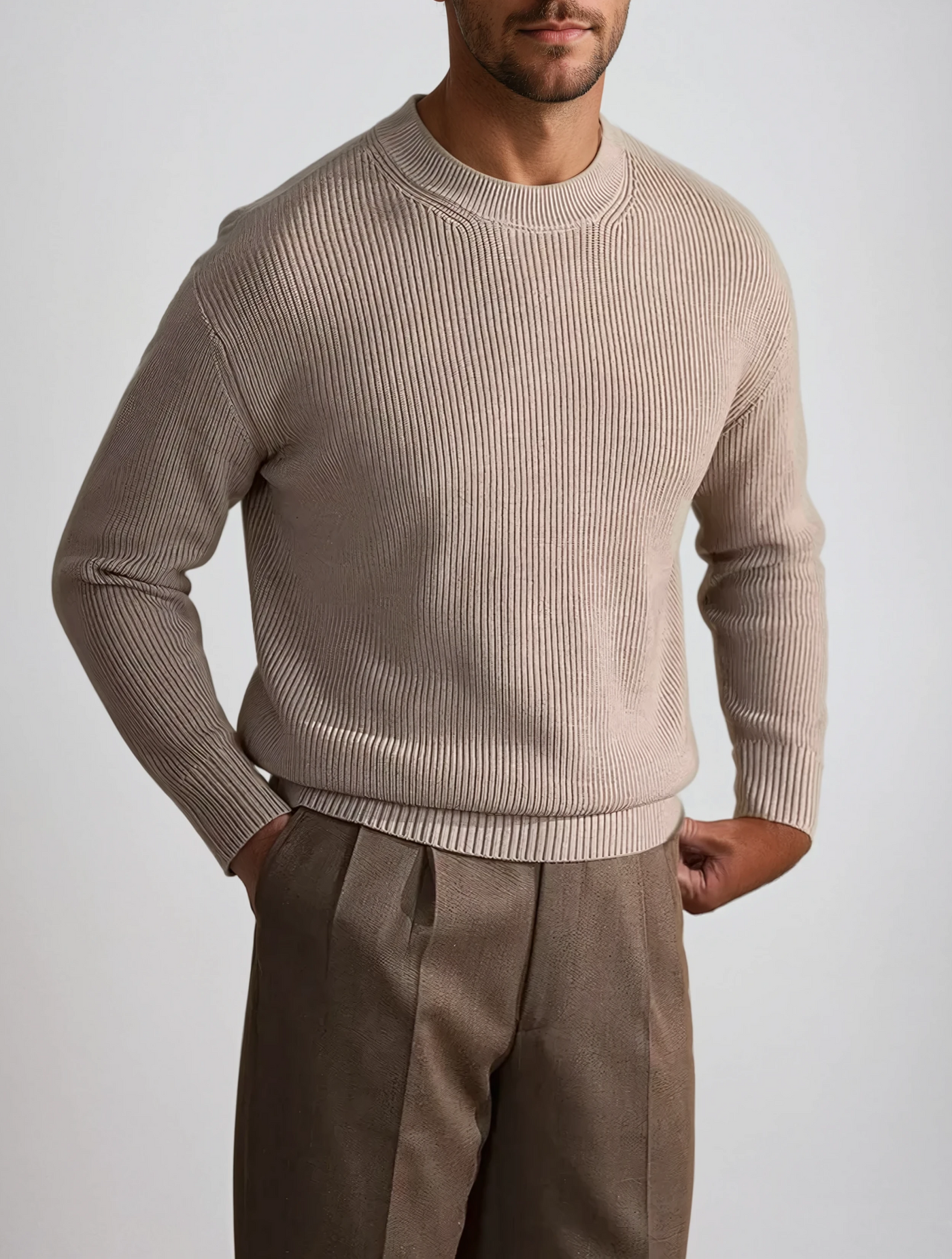 Ribbet O-hals Trøje Beige