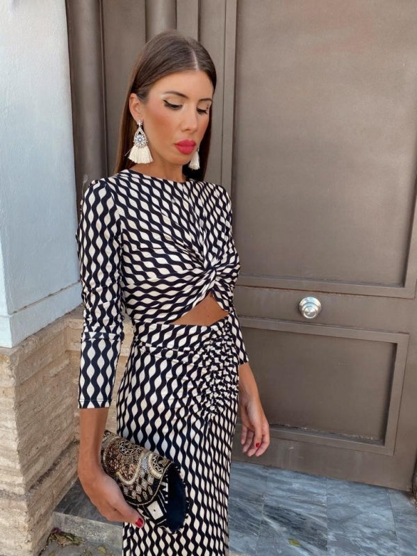 Bianca | Sort Midi Kjole med Print
