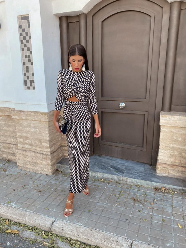 Bianca | Sort Midi Kjole med Print