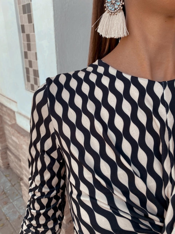 Bianca | Sort Midi Kjole med Print